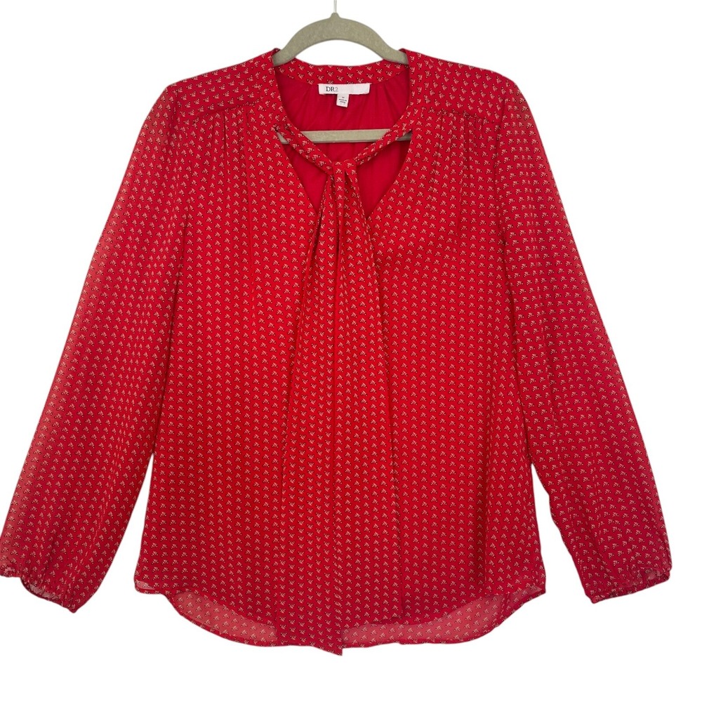 DR2 Blouse Tie Neck Long Sleeve Sheer Red Print Career Top Size M